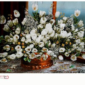 تابلو فرش دستباف طرح گل لاله سفید چله ابریشم (298)