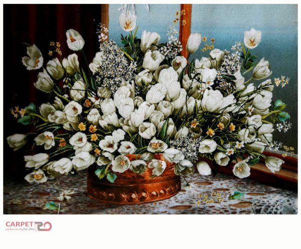تابلو فرش دستباف طرح گل لاله سفید چله ابریشم (298)