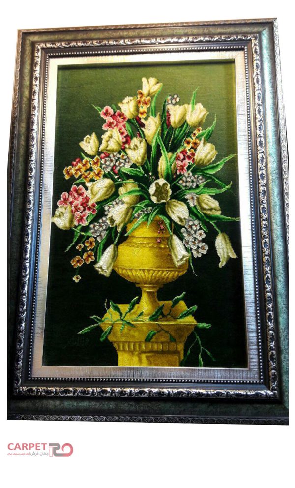 تابلو فرش دستباف طرح گل آنتیک چله ابریشم (395)