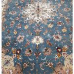 جفت فرش دستباف 6متری لچک ترنج زمینه آبی گل ابریشم (135)