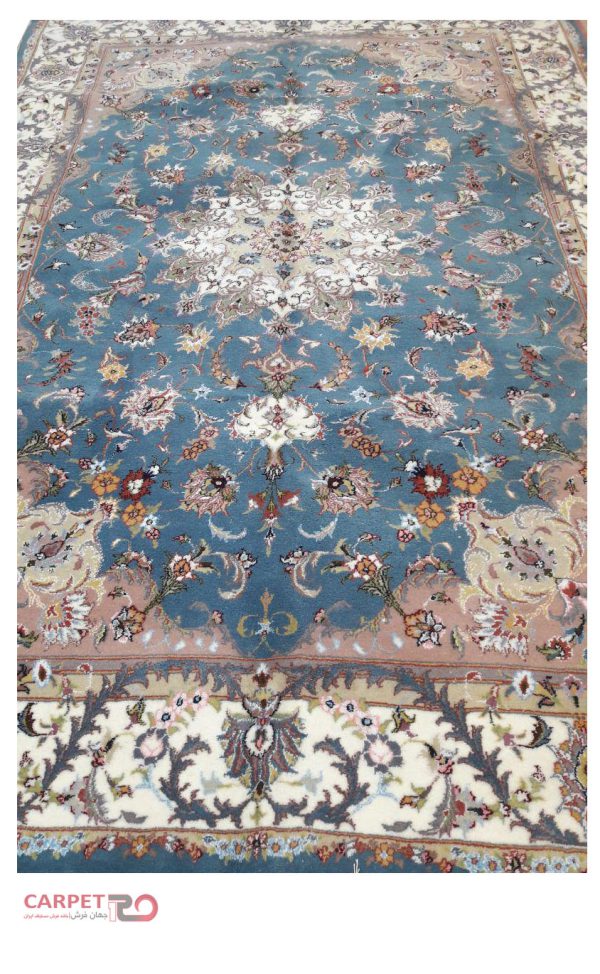 جفت فرش دستباف 6متری لچک ترنج زمینه آبی گل ابریشم (135)