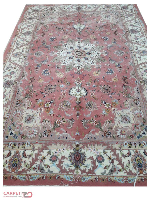 جفت فرش دستباف 6متری زمینه مسی گل ابریشم (134)