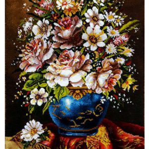 تابلو فرش دستباف طرح گل و گلدان آبی گل ابریشم (426)