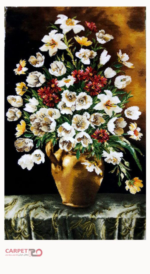 تابلو فرش دستباف طرح گل و گلدان طولی چله ابریشم (464)